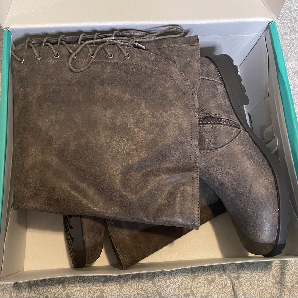 Maurices Taupe Lace-Up Over the Knee Boots Wide Calf